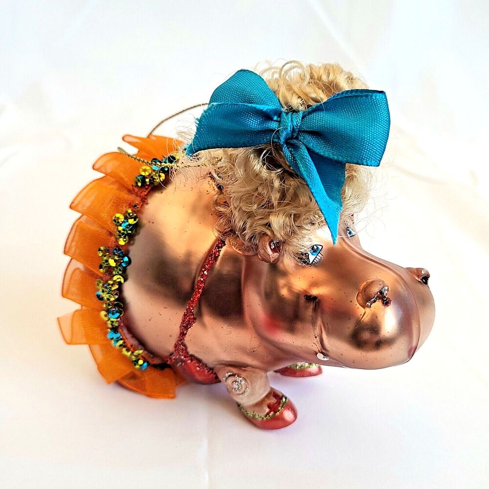 Hippo Ballerina Mercury Glass Christmas Ornament Hand Blown Sequin Glitter Tutu - Picture 2 of 13